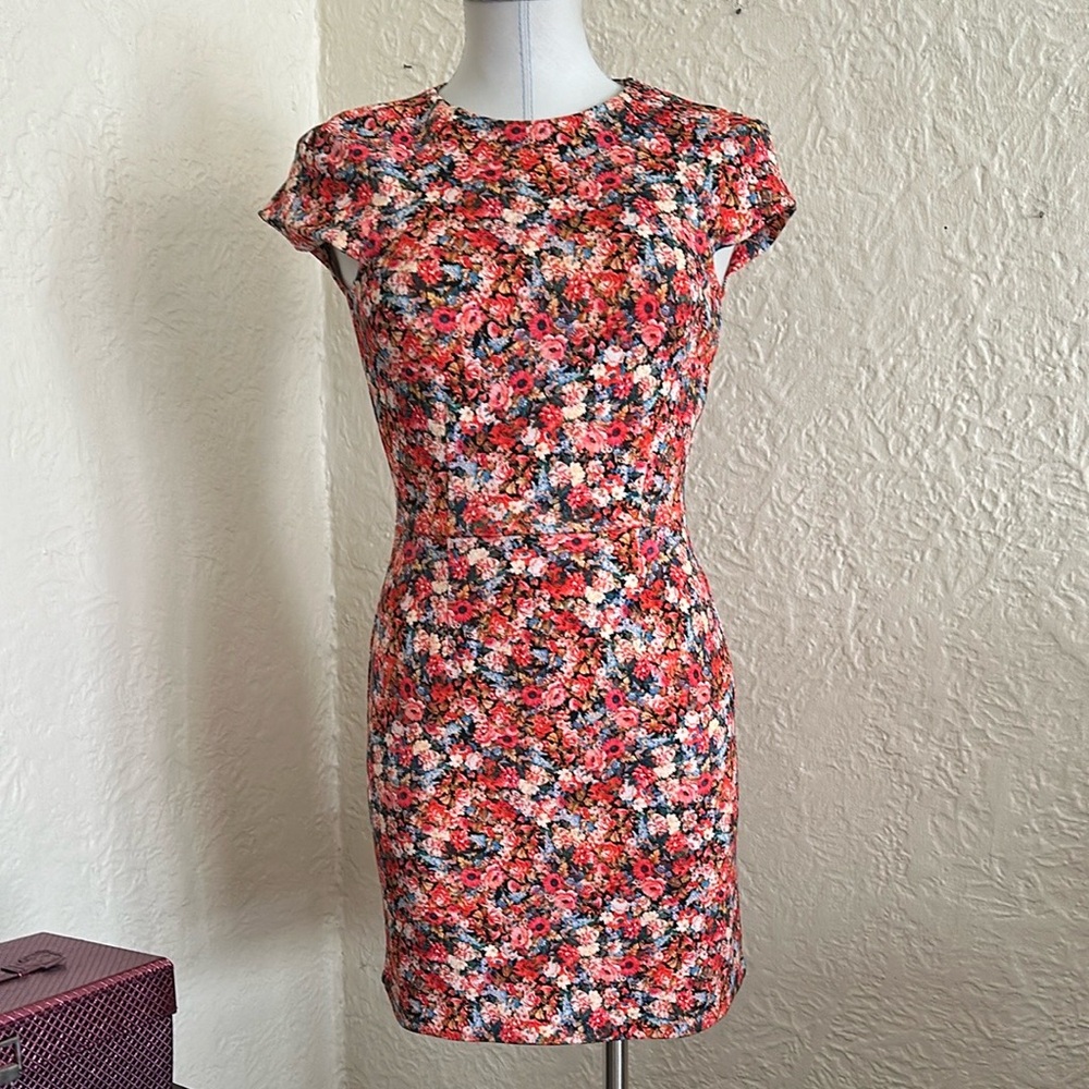 Zara Red Orange Pink Floral Sheath Dress Small
